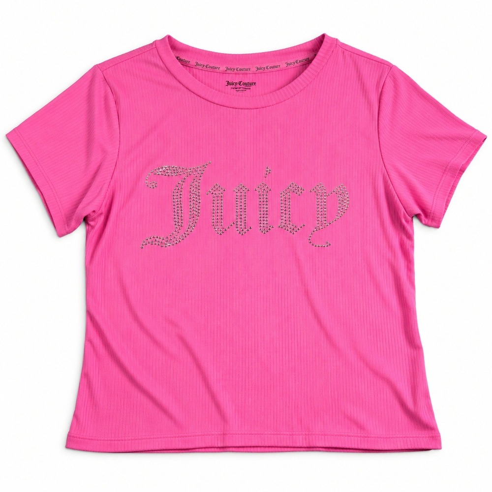 Juicy Couture Rhinestone Logo Ribbed T Shirt Womens Large Pink Stretch Tee